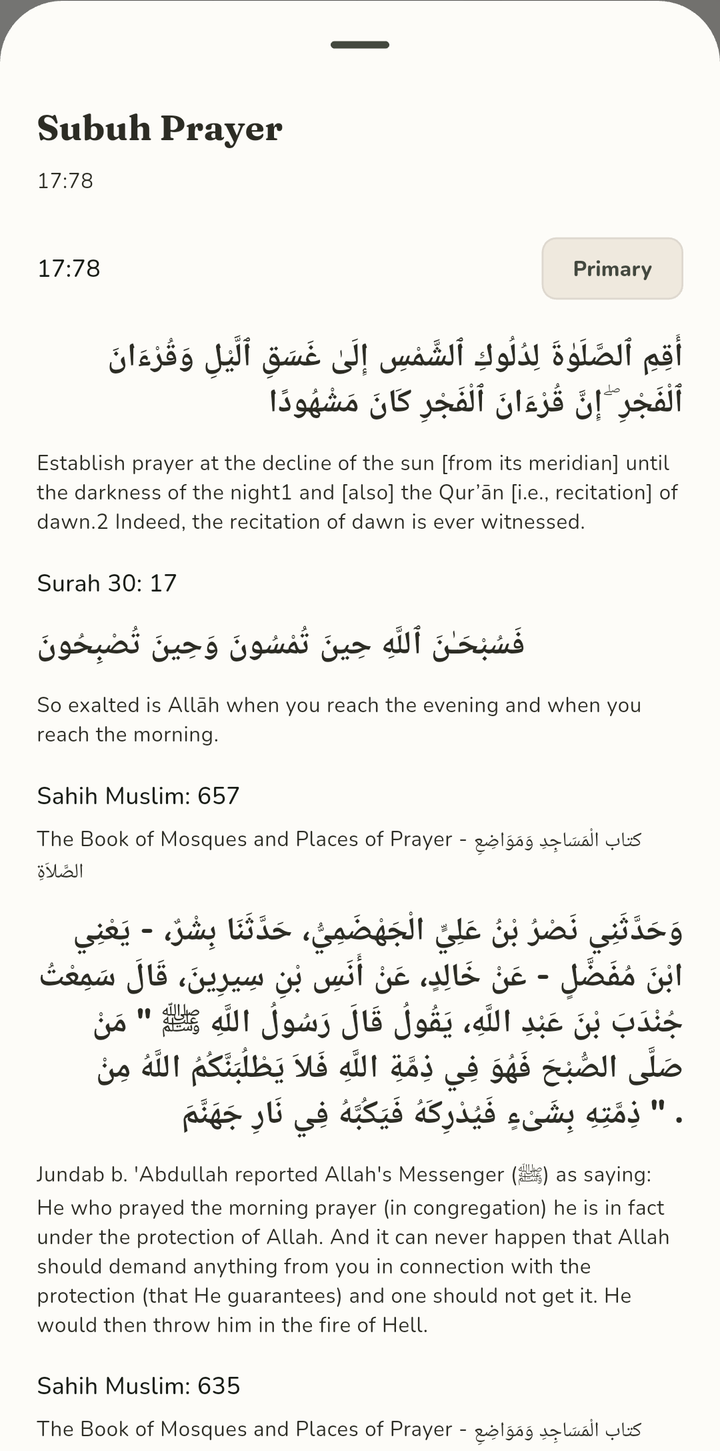 Dalil sheet for Subuh prayer showing Quran 17:78 and 30:17 and Sahih Muslim 657 in Arabic with English translation.