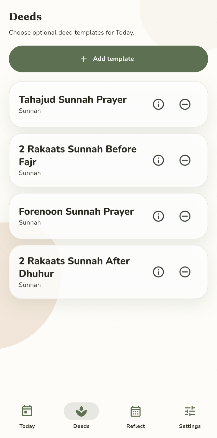Deeds screen with Tahajud, two rakaats before Fajr, Forenoon prayer and two rakaats after Dhuhur.
