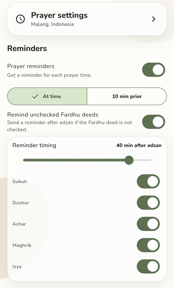 Istiqamah reminder settings: prayer reminders on at prayer time, unchecked Fardhu reminder on at 40 minutes after adzan, enabled for Subuh, Dzuhur, Ashar, Maghrib and Isya.